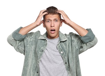 Photo of Emotional student having stress before exam on white background