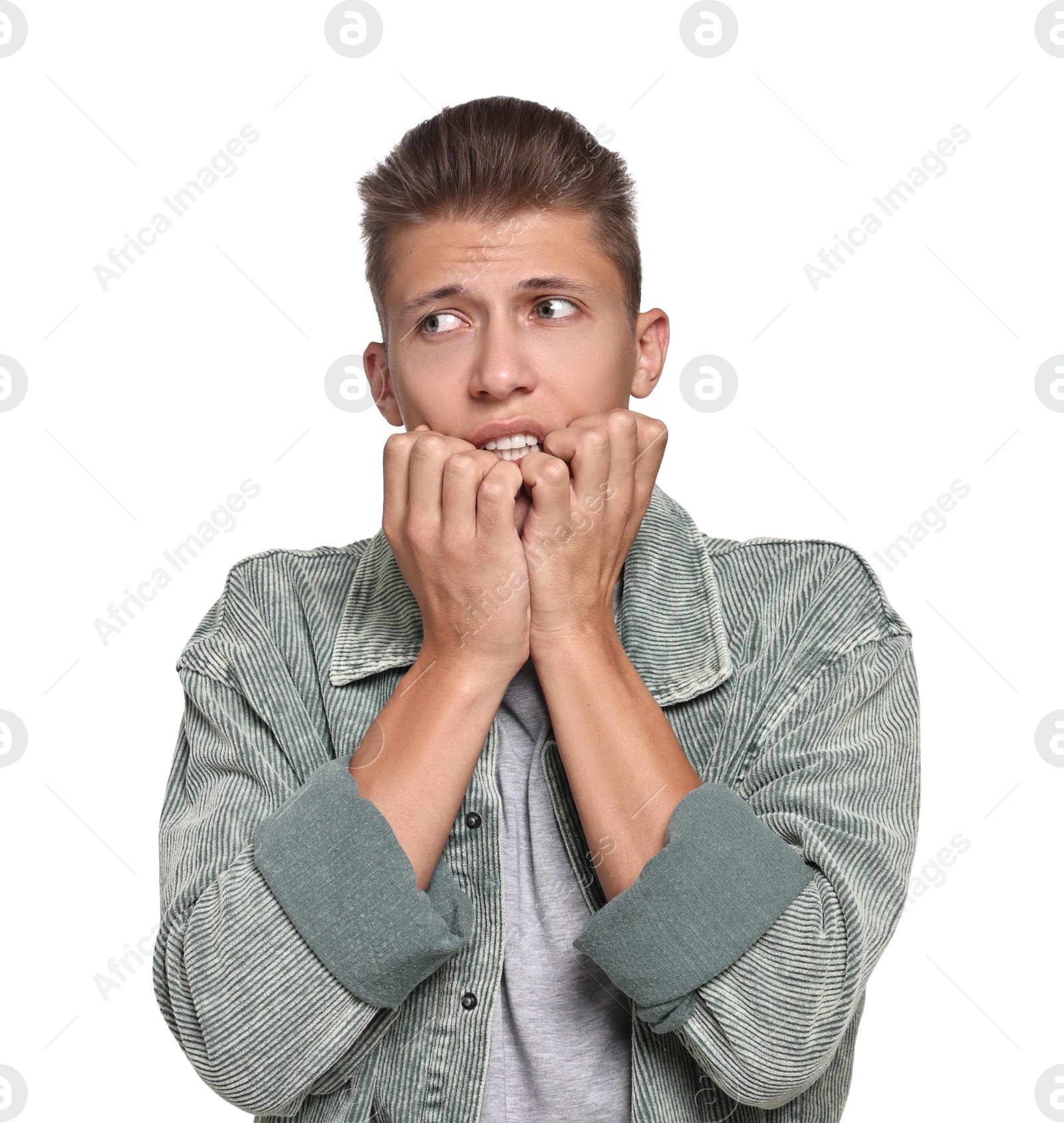 Photo of Emotional student having stress before exam on white background