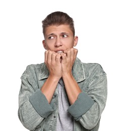 Photo of Emotional student having stress before exam on white background