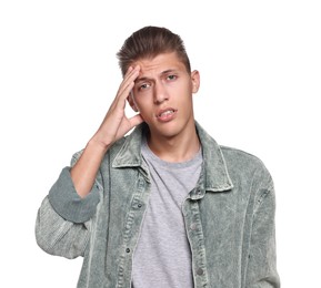 Photo of Tired student having stress before exam on white background