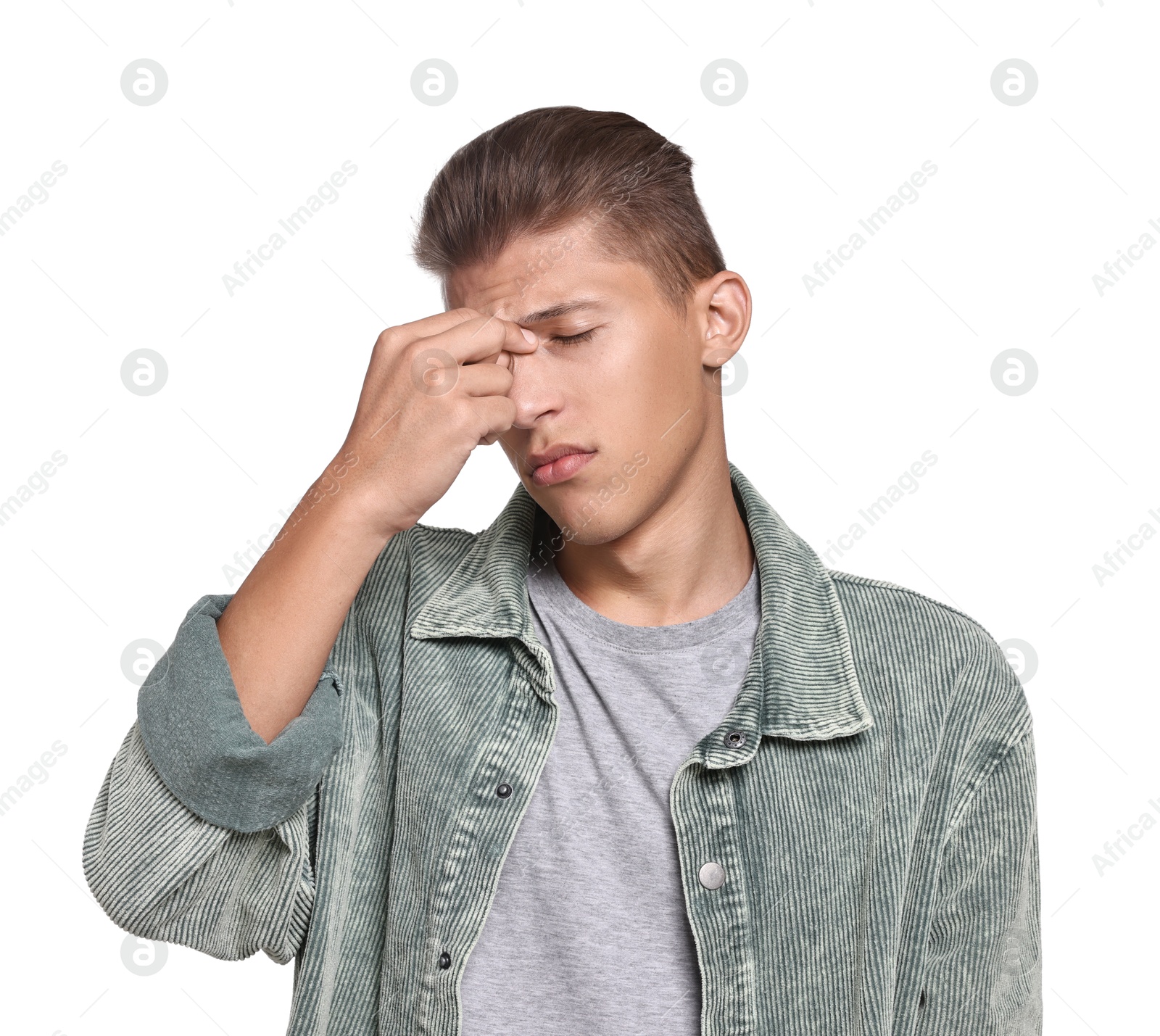 Photo of Tired student having stress before exam on white background