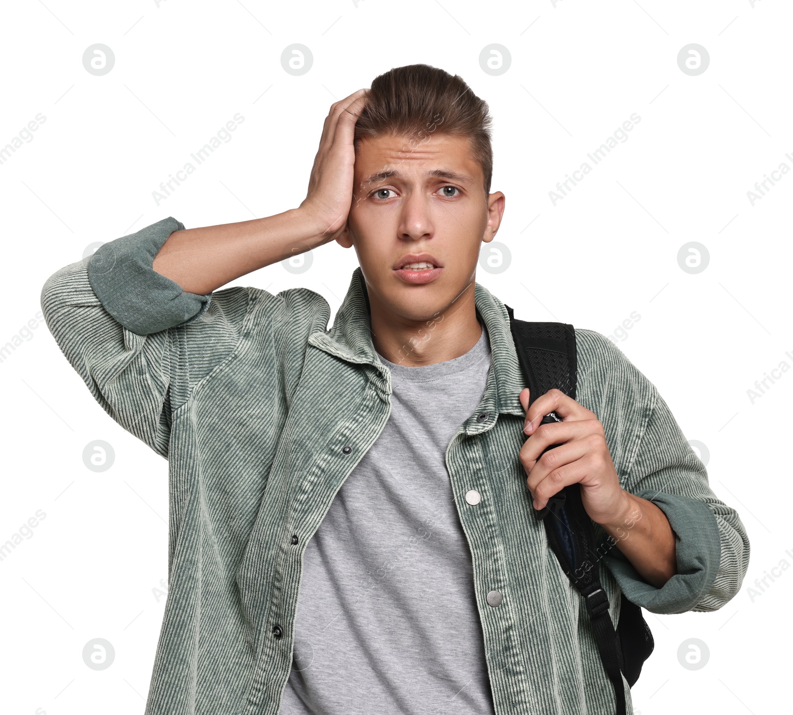 Photo of Emotional student having stress before exam on white background