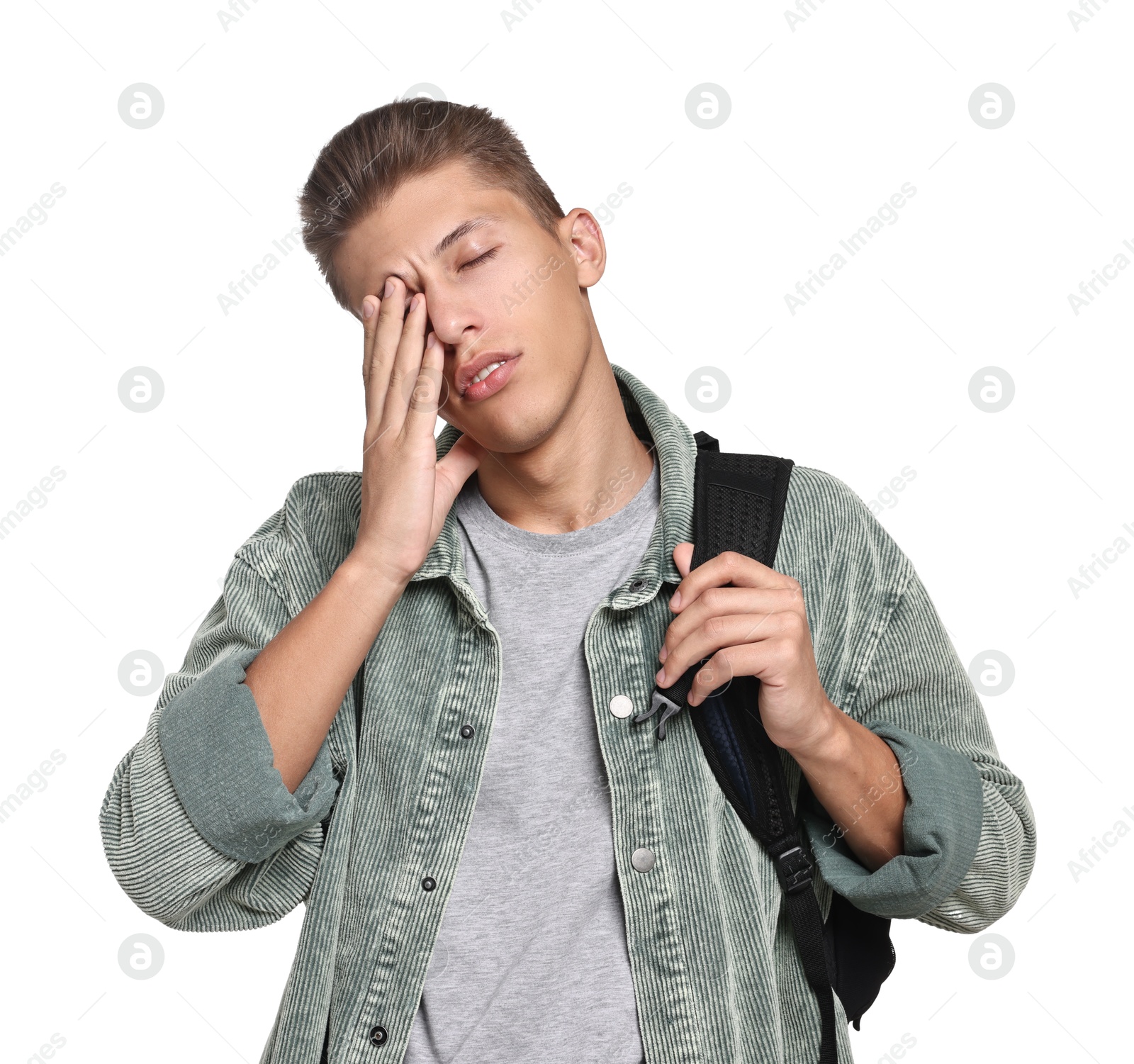 Photo of Tired student having stress before exam on white background