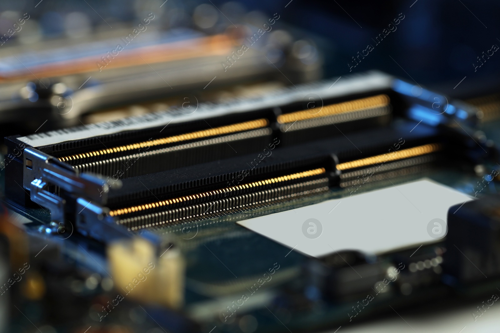 Photo of RAM slots in motherboard, macro view. Electronic engineering