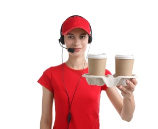 Fast-food worker with paper cups on white background