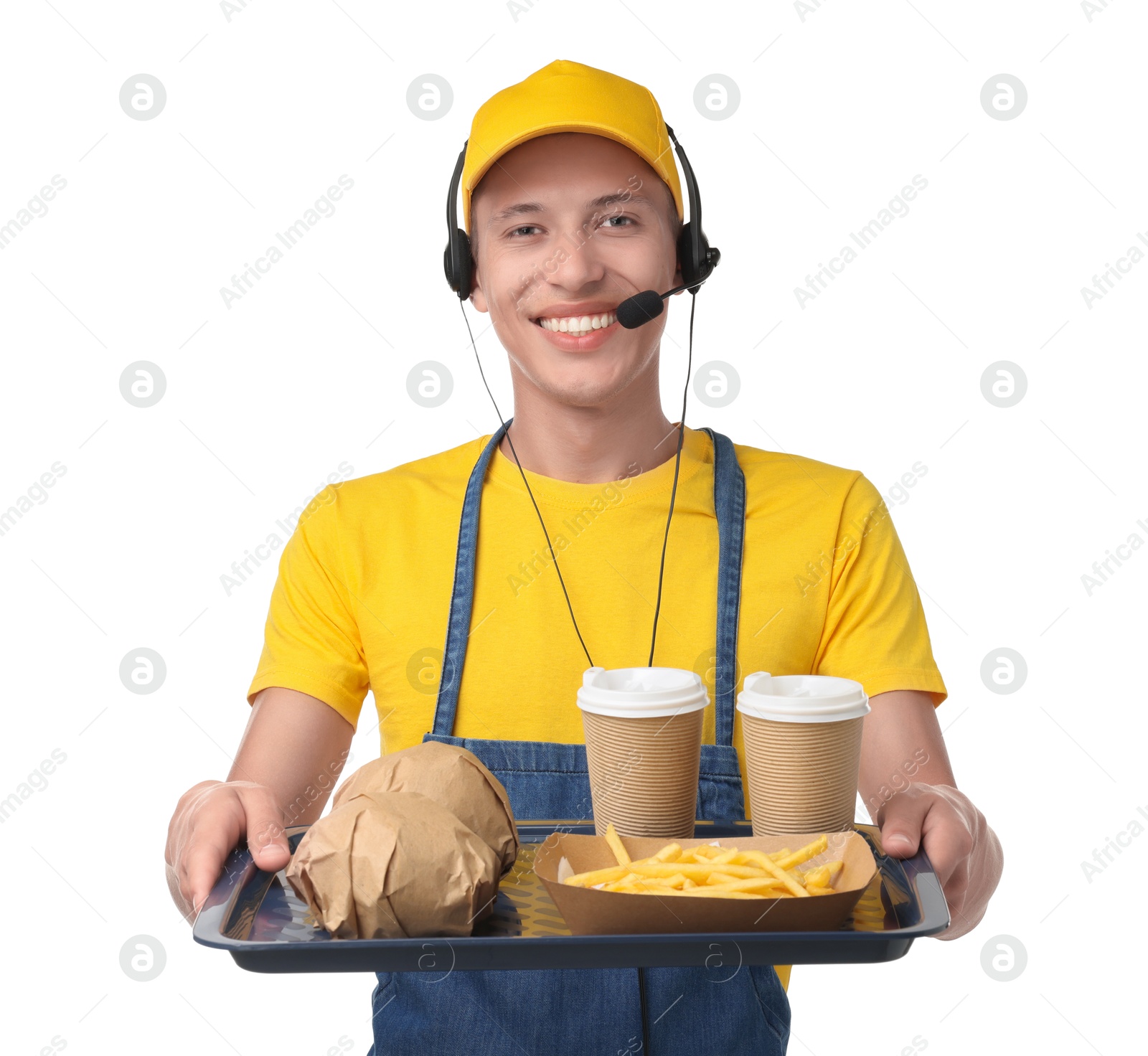 Photo of Fast-food worker holding tray with order on white background