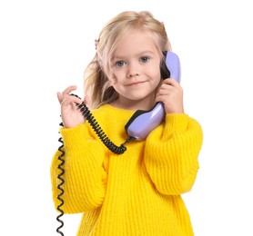 Photo of Cute little girl with handset of telephone on white background