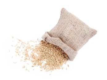 Photo of Overturned sack with oat grains isolated on white, top view