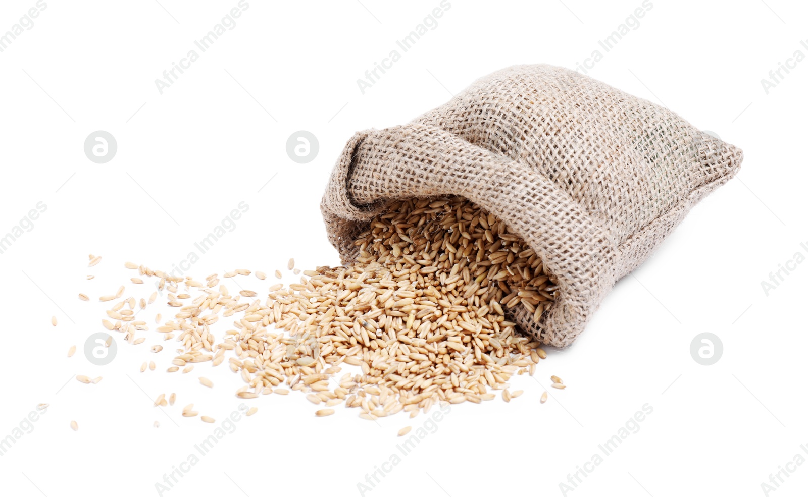 Photo of Overturned sack with oat grains isolated on white