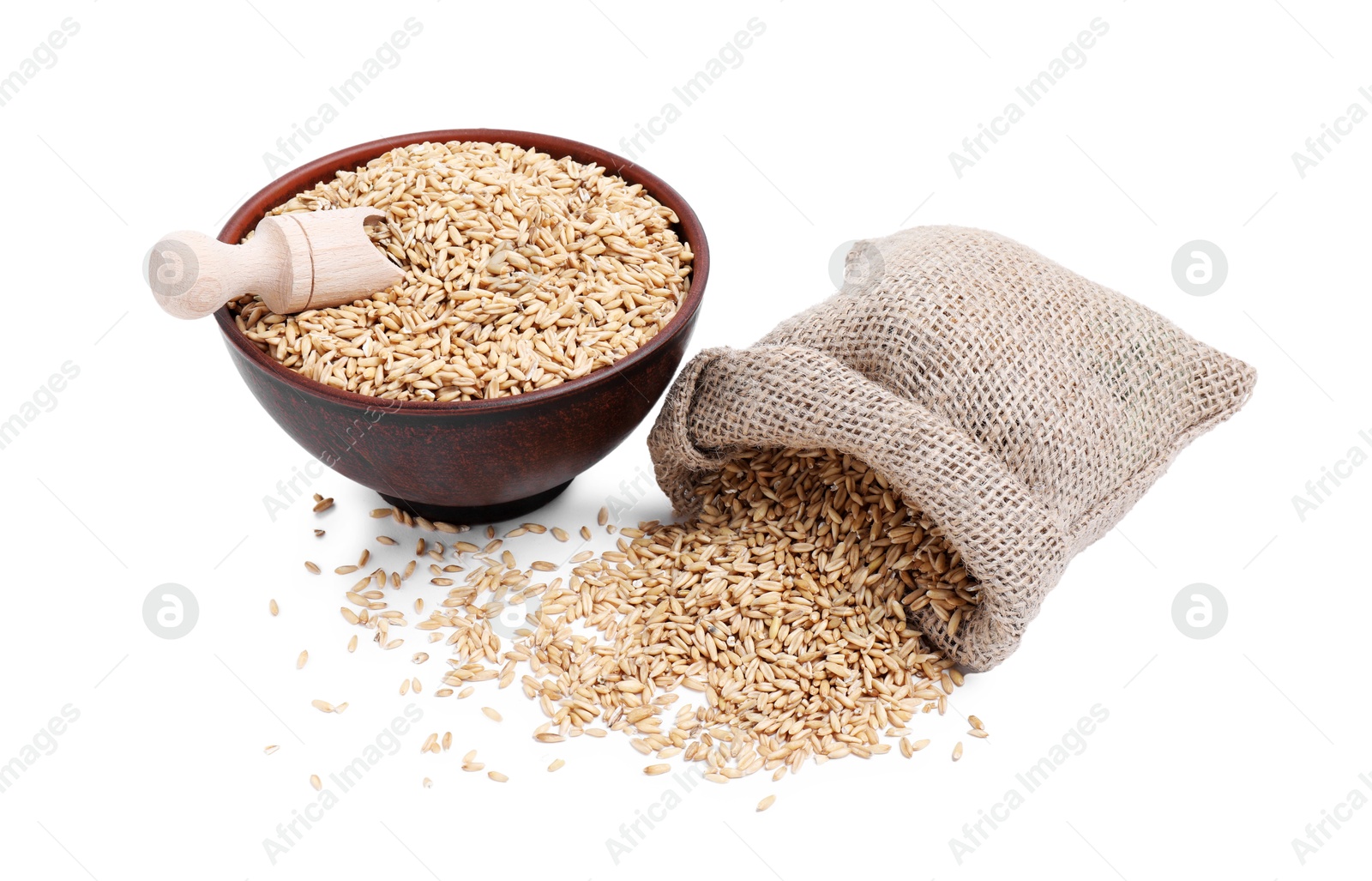 Photo of Oat grains in bowl, scoop and sack isolated on white