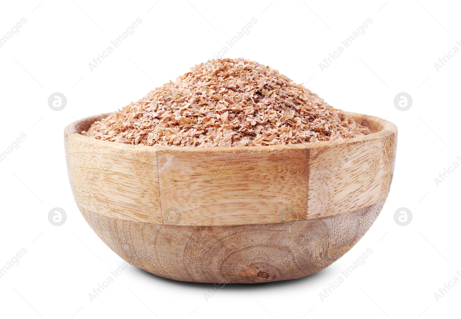 Photo of Buckwheat bran in wooden bowl isolated on white