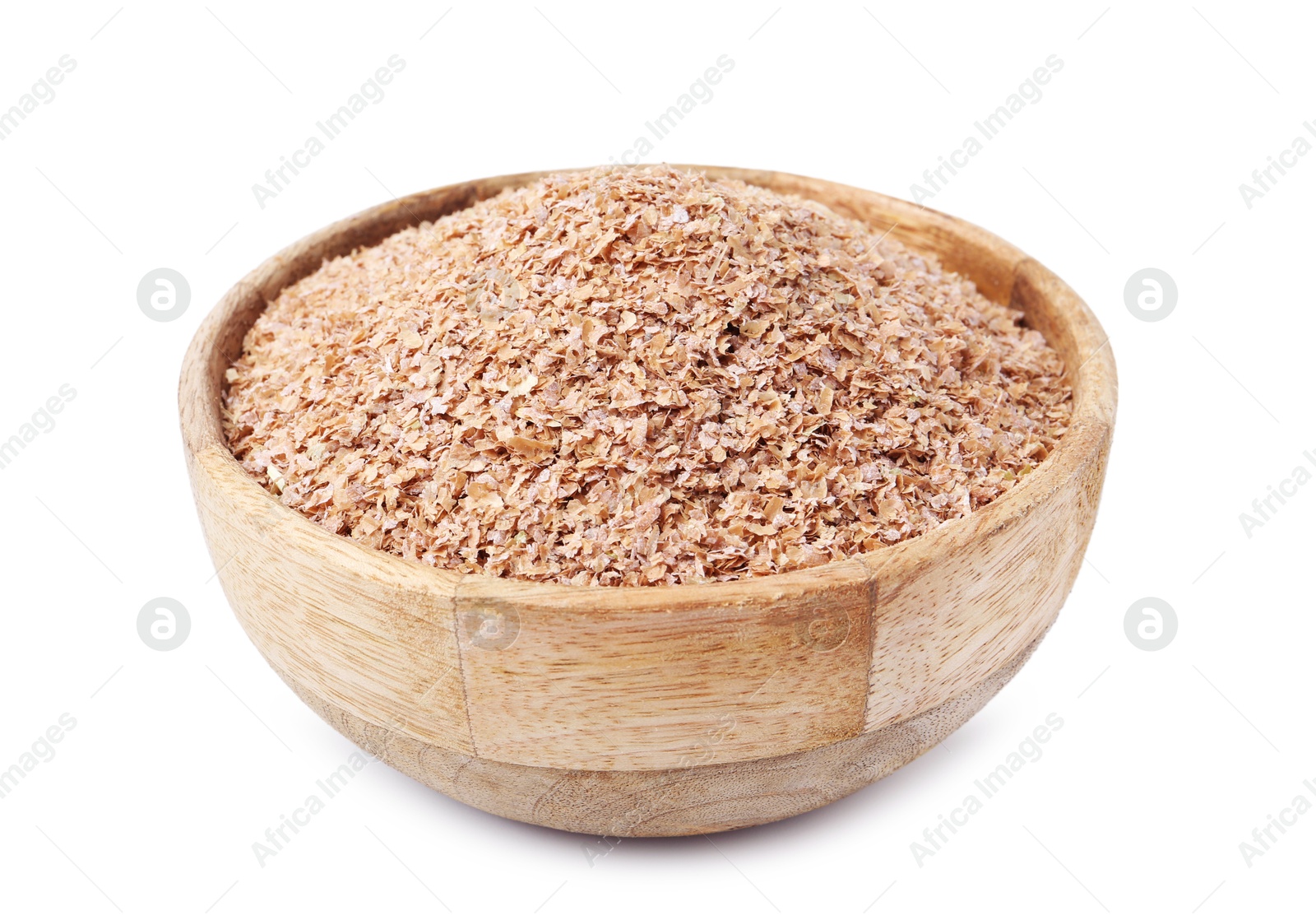 Photo of Buckwheat bran in wooden bowl isolated on white