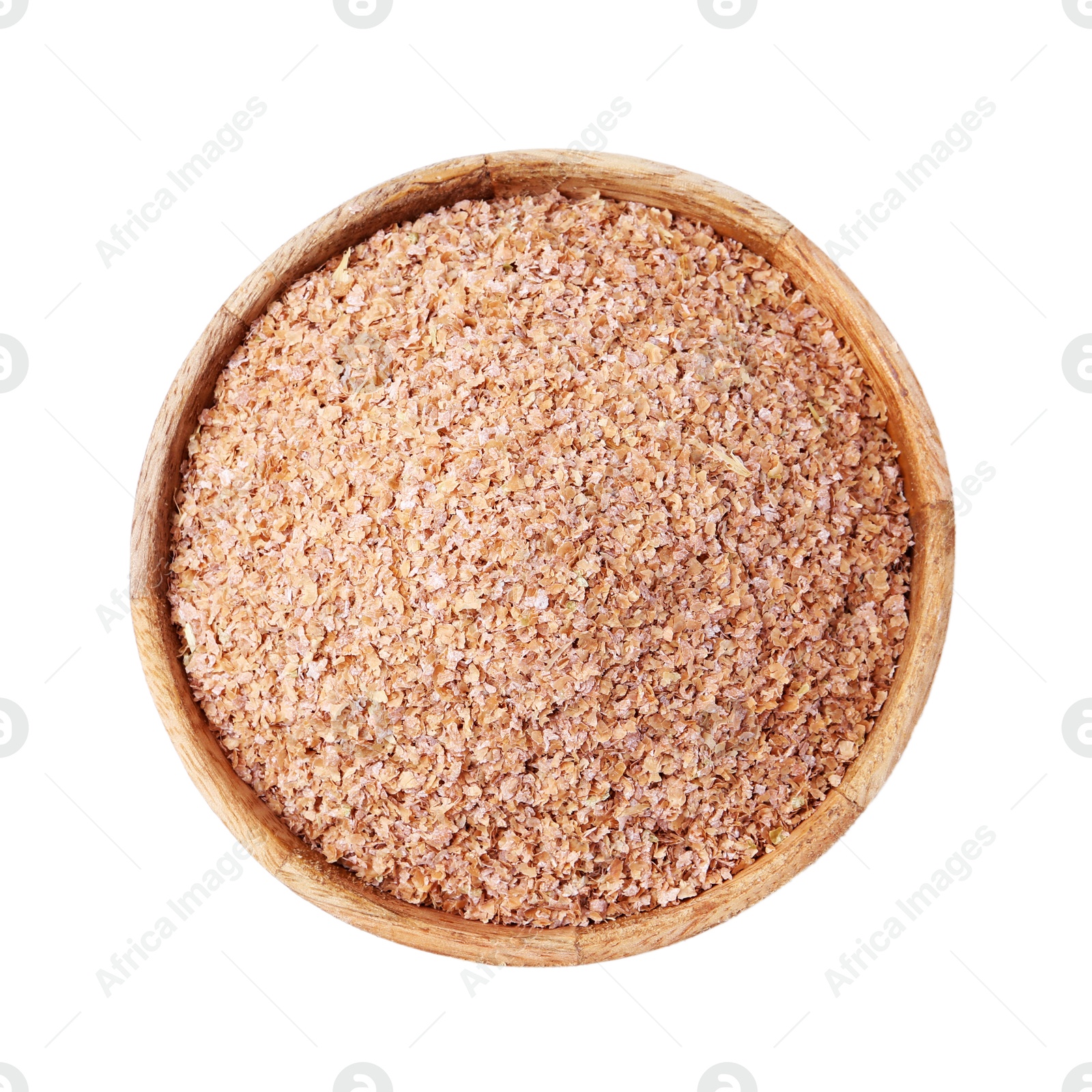 Photo of Buckwheat bran in wooden bowl isolated on white, top view