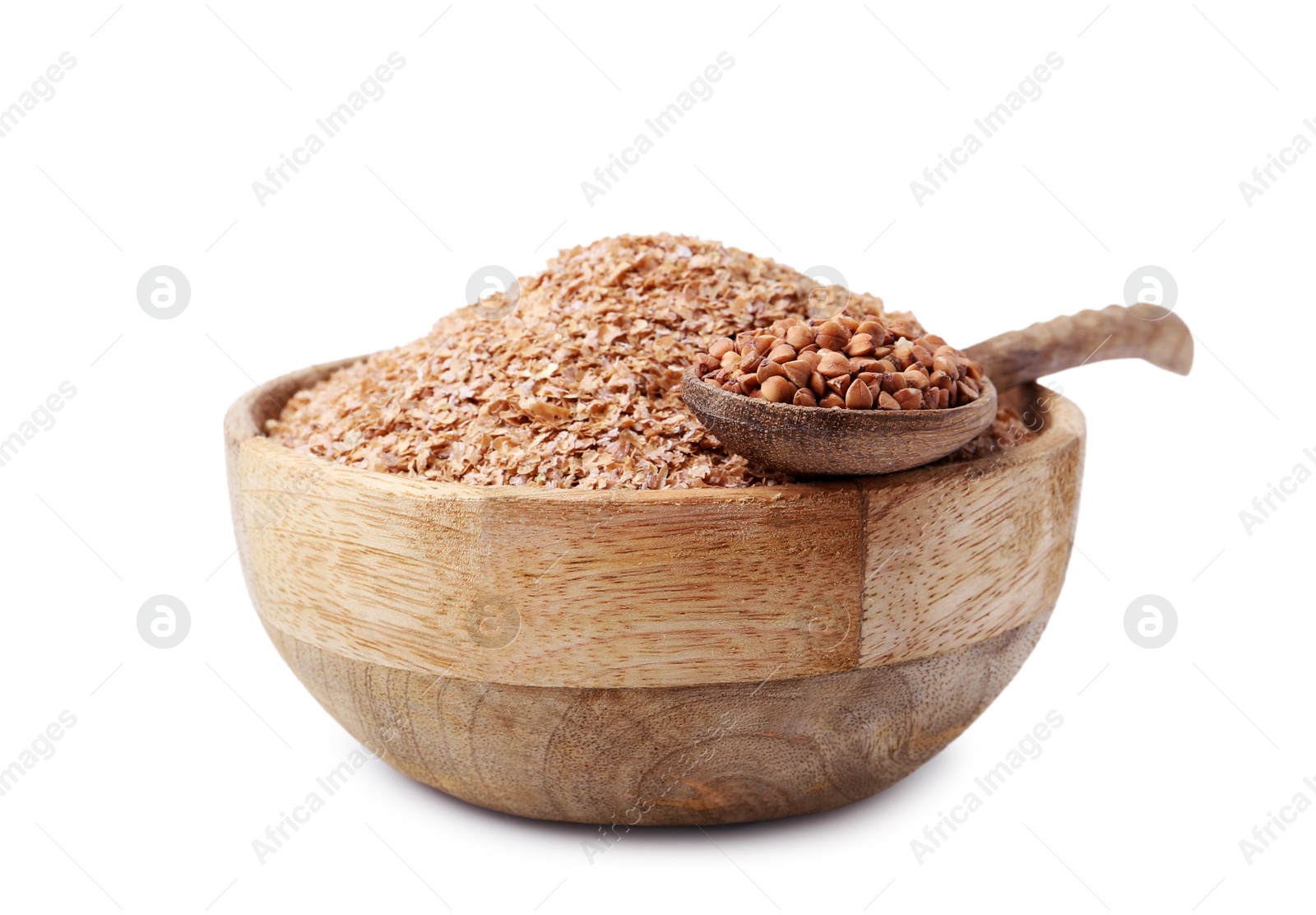 Photo of Buckwheat bran in wooden bowl and grains isolated on white