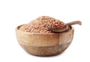 Buckwheat bran in wooden bowl and grains isolated on white