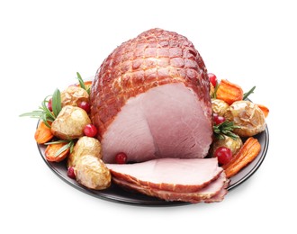 Christmas food. Tasty baked ham, vegetables and mushrooms isolated on white