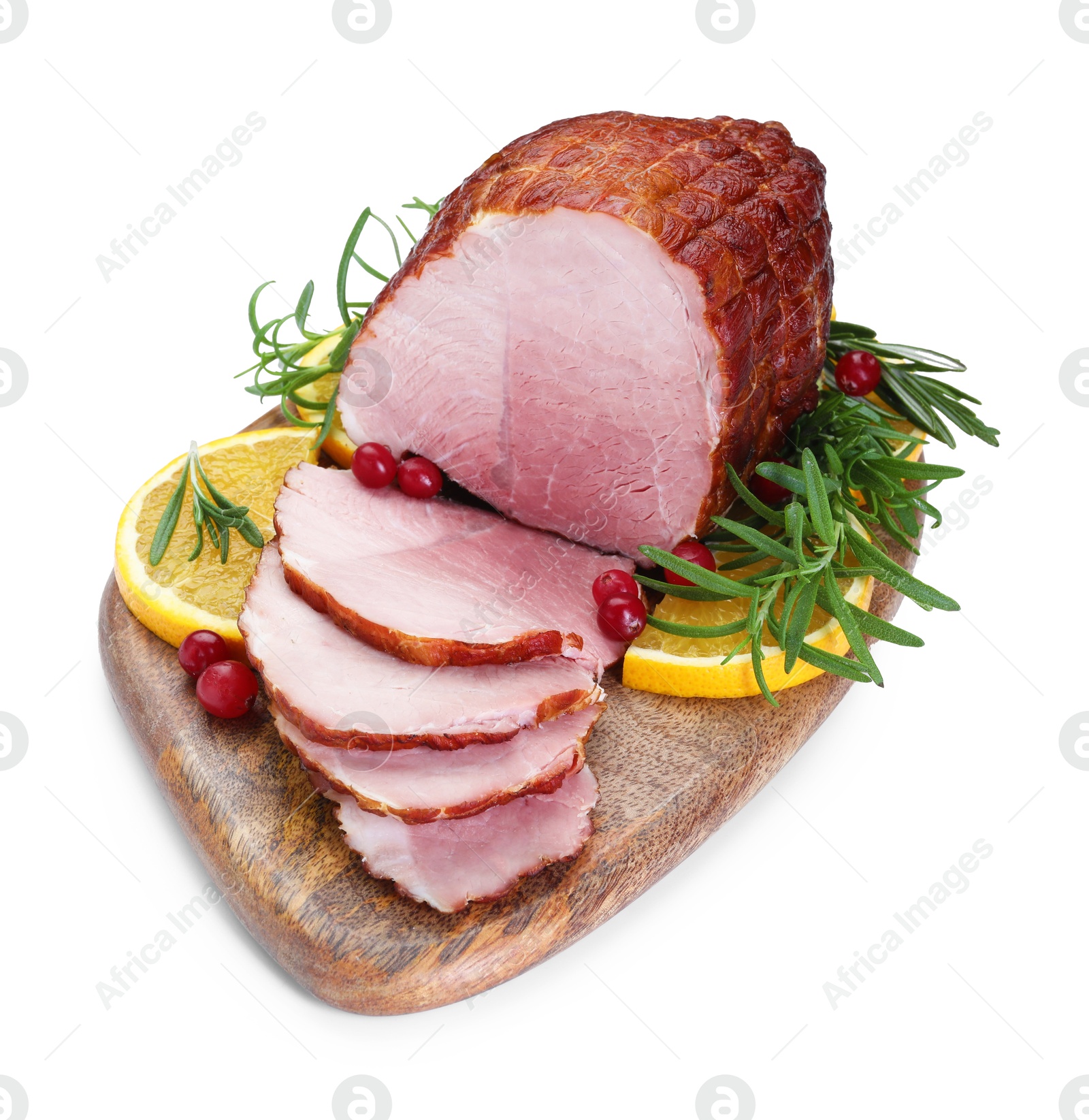 Photo of Christmas food. Tasty baked ham, oranges and cranberries isolated on white