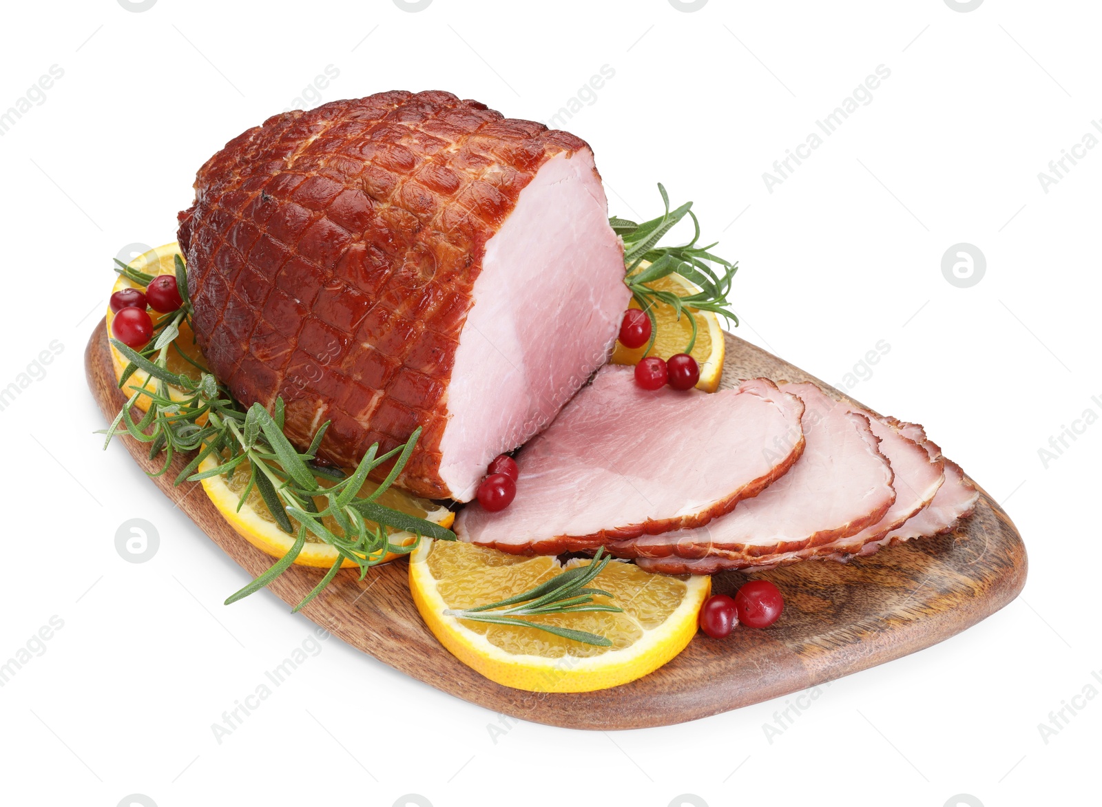 Photo of Christmas food. Tasty baked ham, oranges and cranberries isolated on white