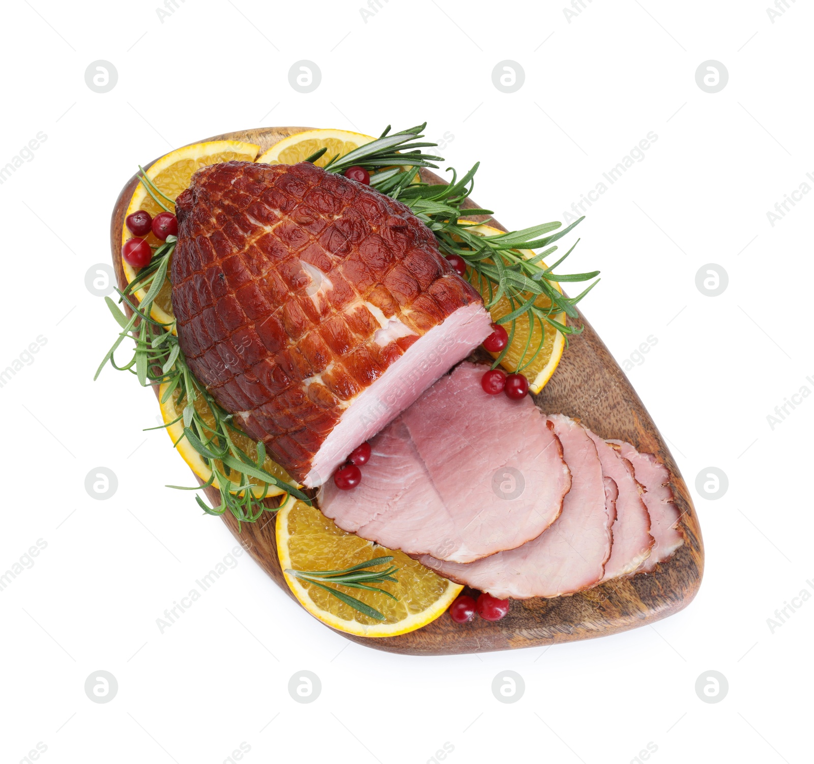 Photo of Christmas food. Tasty baked ham, oranges and cranberries isolated on white, top view