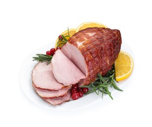 Photo of Christmas food. Tasty baked ham, oranges and cranberries isolated on white