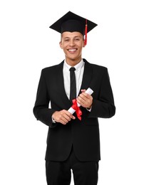 Photo of Happy student with diploma after graduation on white background