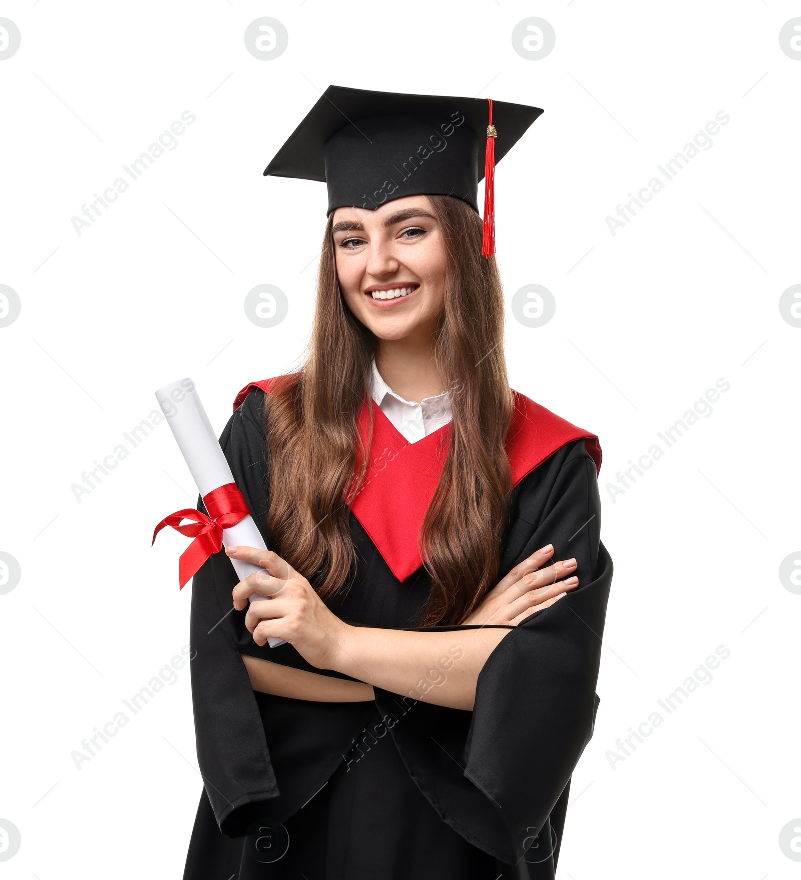 Photo of Happy student with diploma after graduation on white background