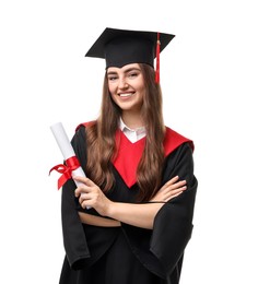 Photo of Happy student with diploma after graduation on white background