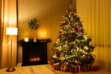 Cozy room with Christmas tree, fireplace and lamp. Festive interior design