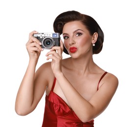 Pin-up woman with camera on white background