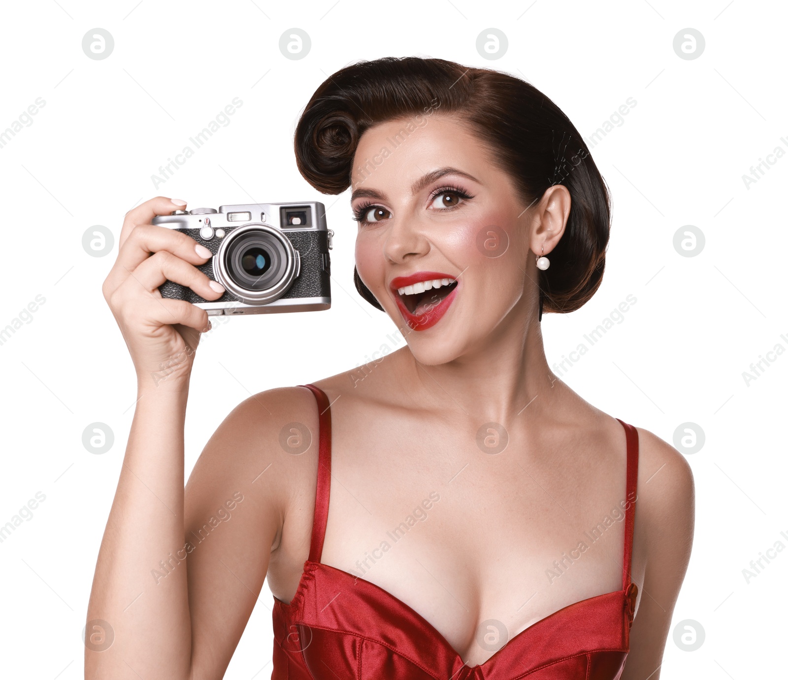 Photo of Pin-up woman with camera on white background