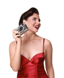 Photo of Pin-up woman with camera on white background