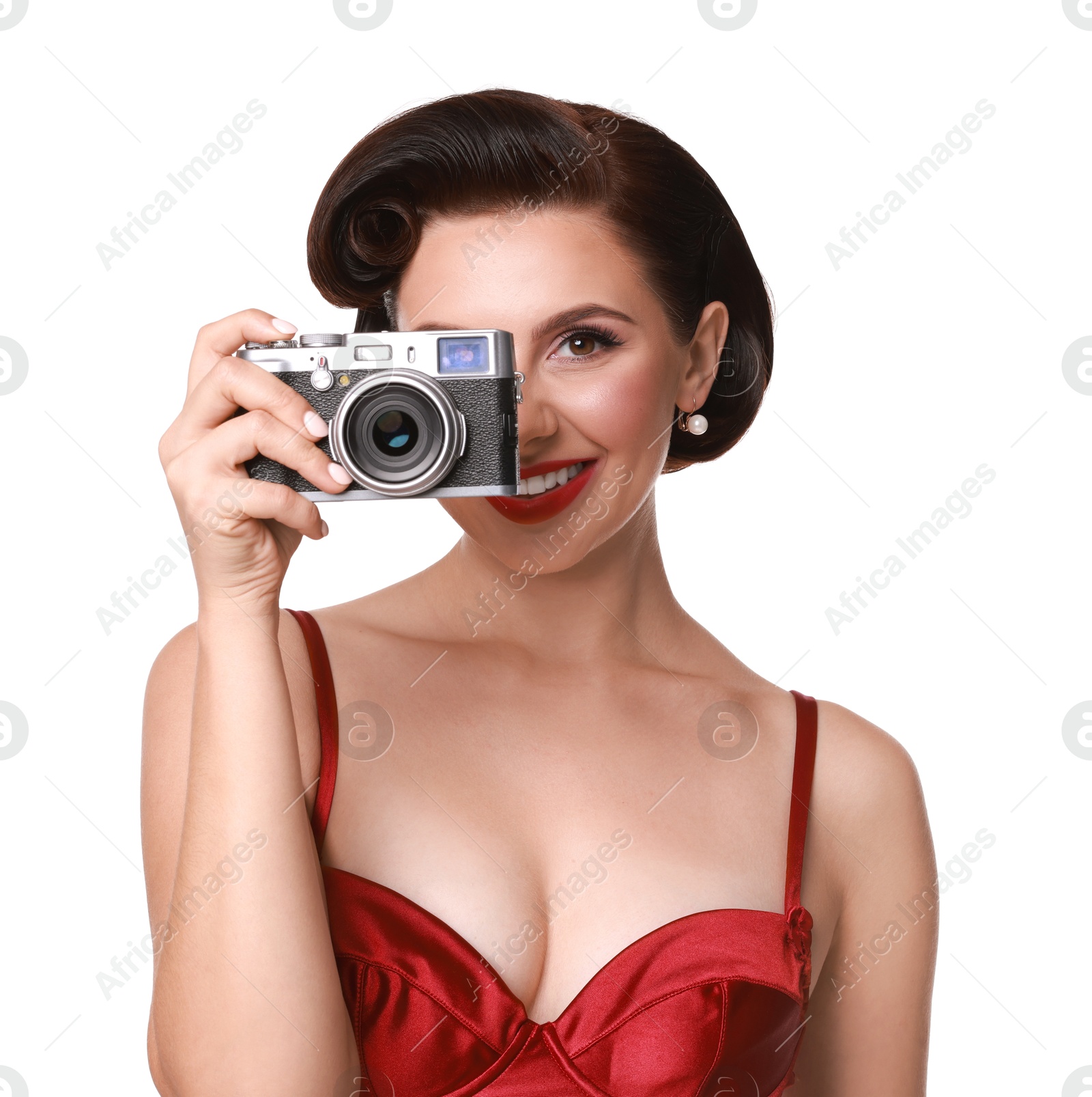 Photo of Pin-up woman with camera on white background