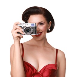 Pin-up woman with camera on white background