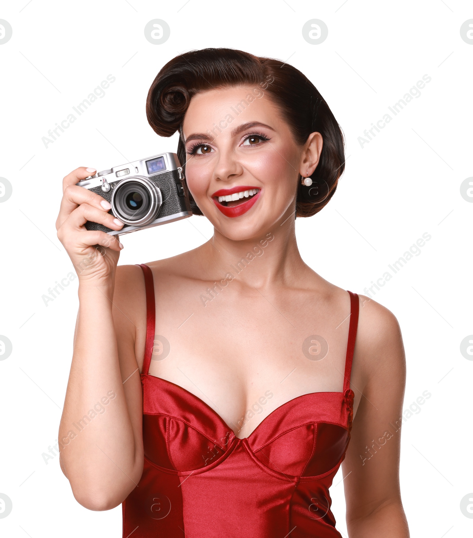 Photo of Pin-up woman with camera on white background