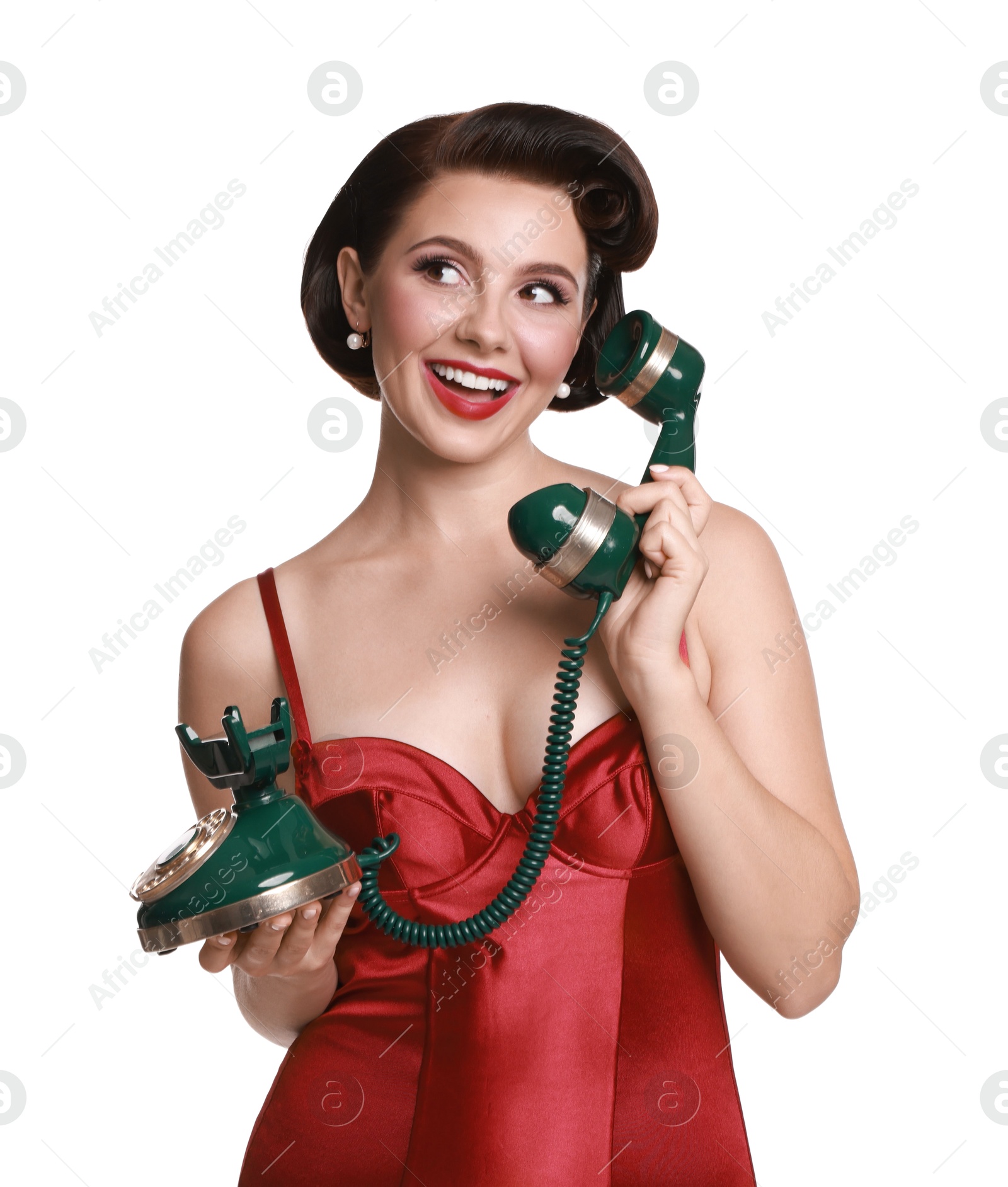 Photo of Pin-up woman with telephone on white background