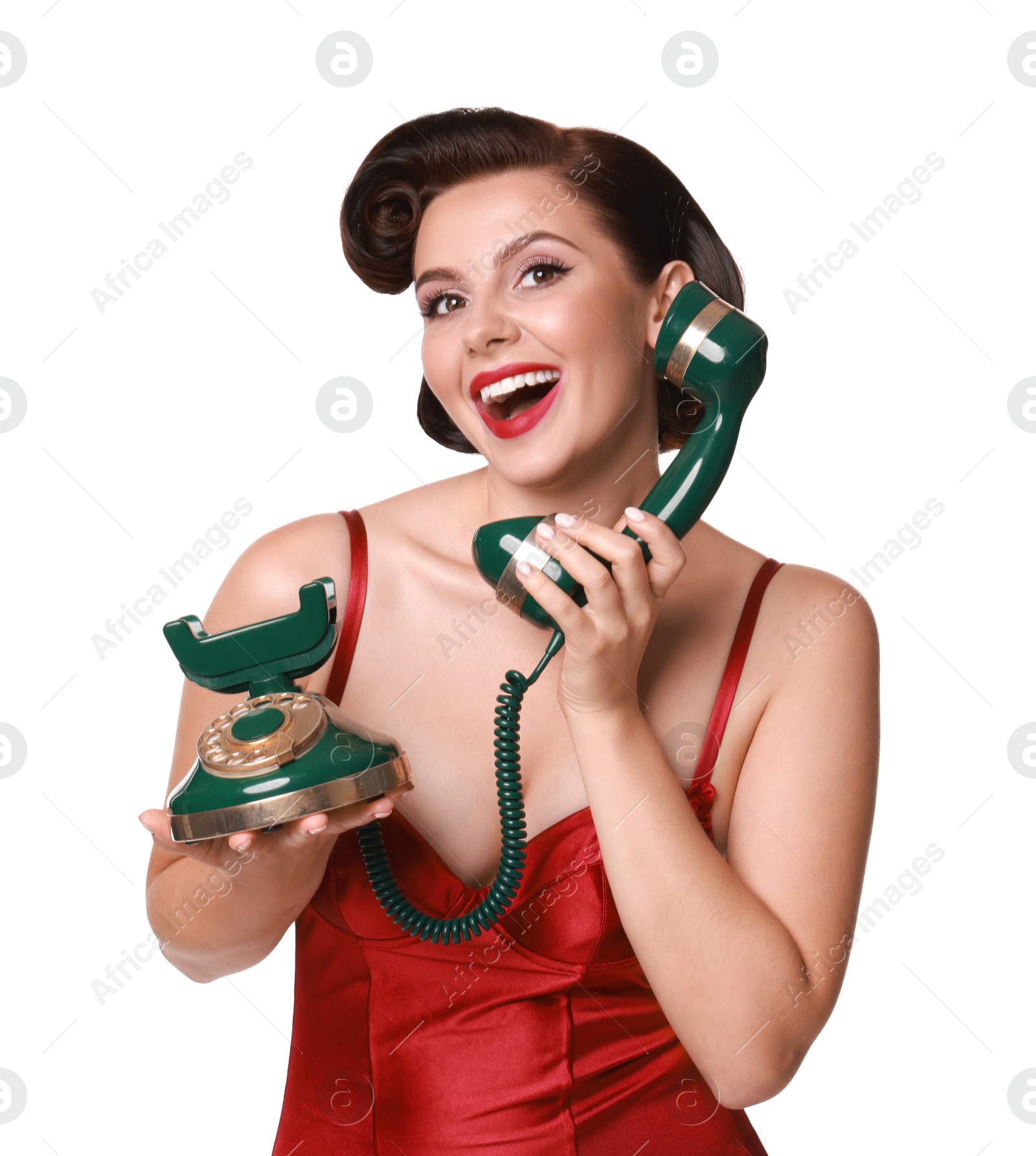 Photo of Pin-up woman with telephone on white background