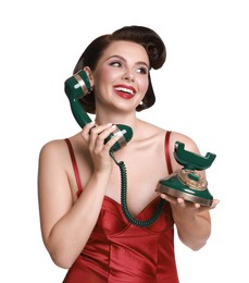 Photo of Pin-up woman with telephone on white background