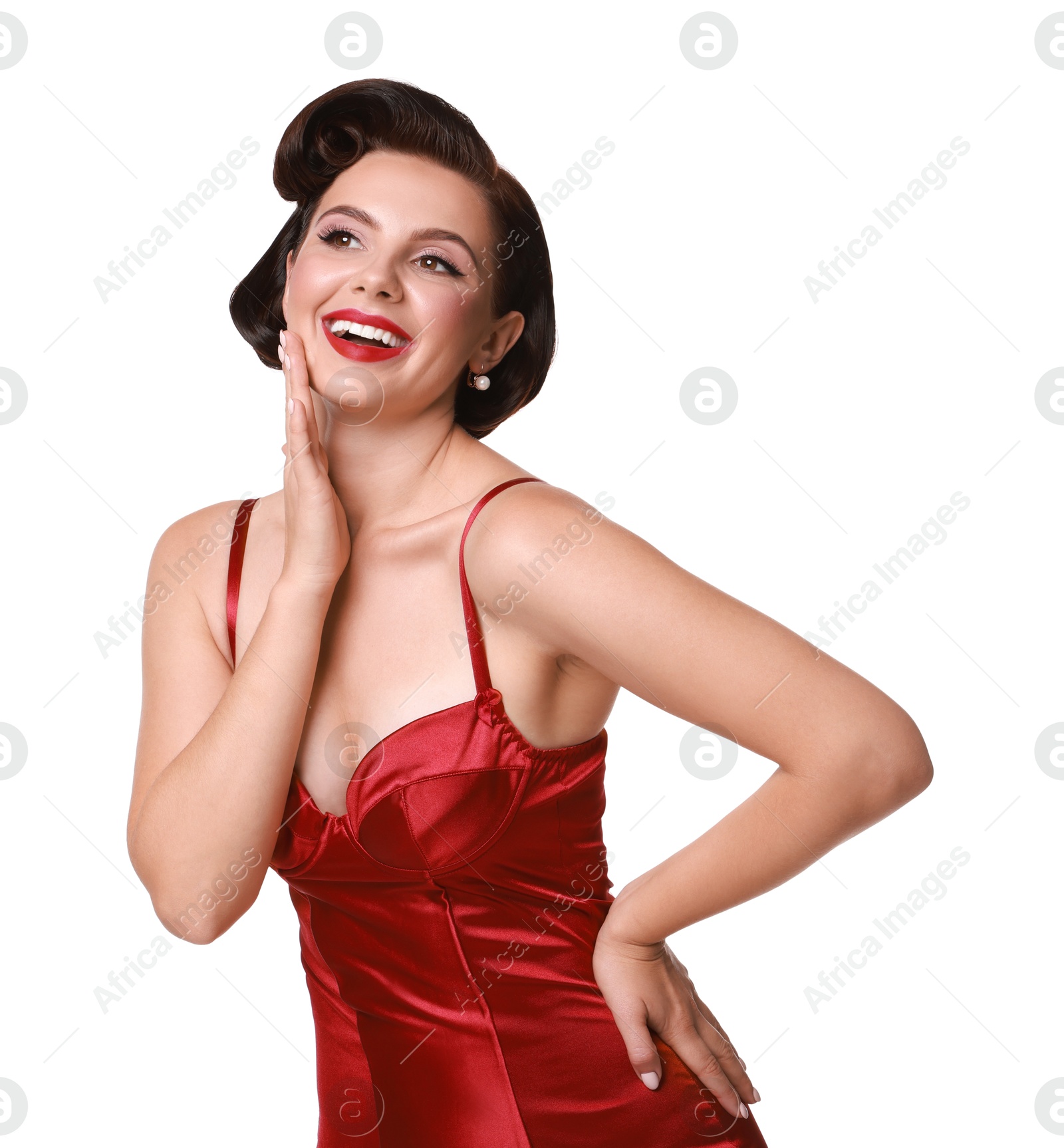 Photo of Pin-up woman in red underwear on white background