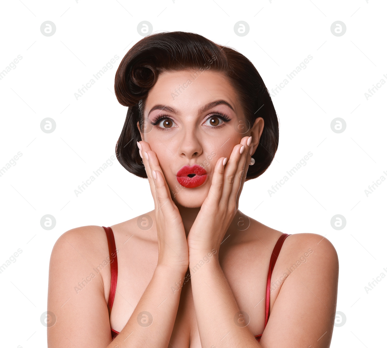 Photo of Portrait of pin-up woman on white background