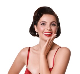 Photo of Portrait of pin-up woman on white background