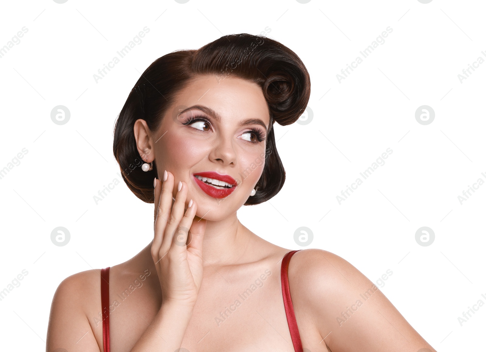 Photo of Portrait of pin-up woman on white background