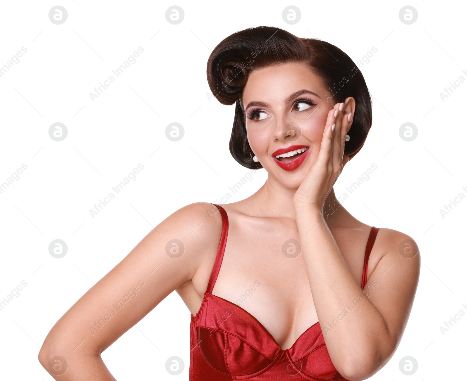 Photo of Pin-up woman in red underwear on white background