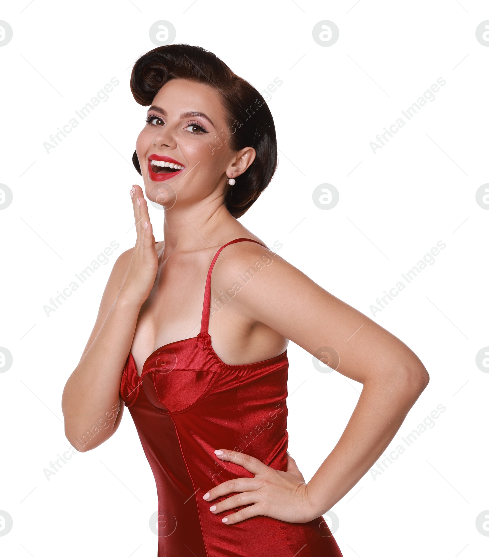 Photo of Pin-up woman in red underwear on white background