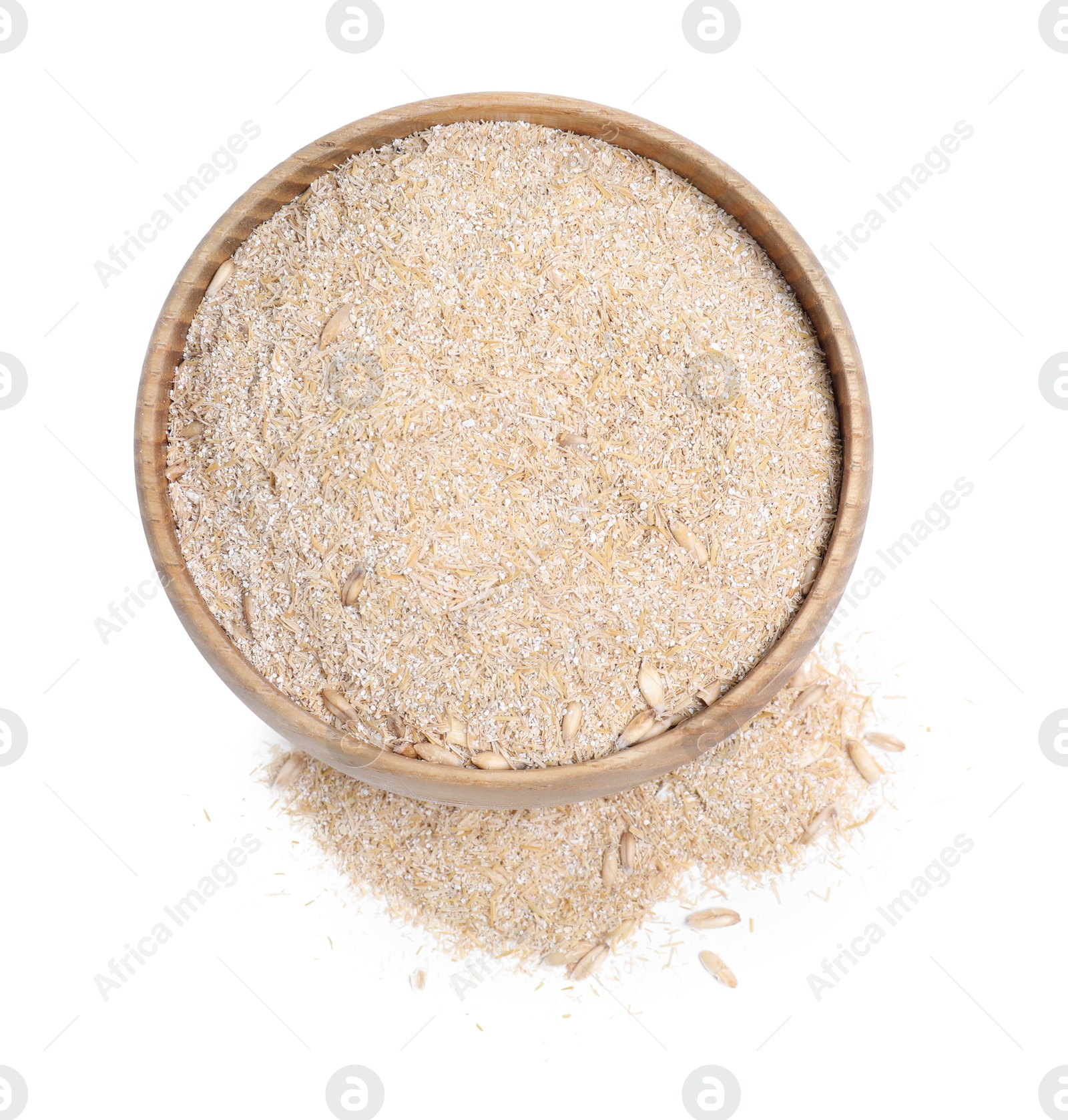 Photo of Oat bran in bowl isolated on white, top view