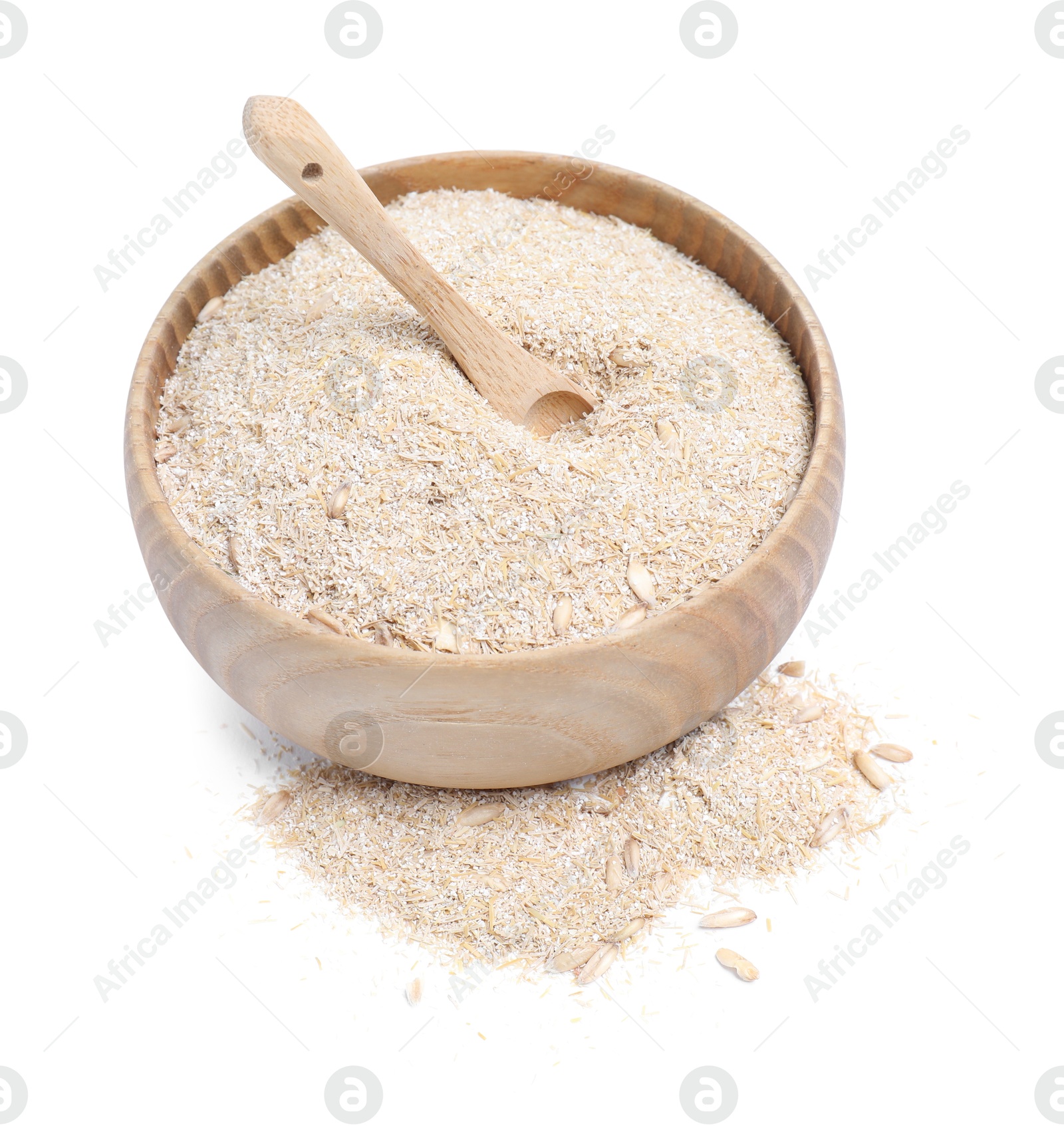 Photo of Oat bran in bowl and spoon isolated on white