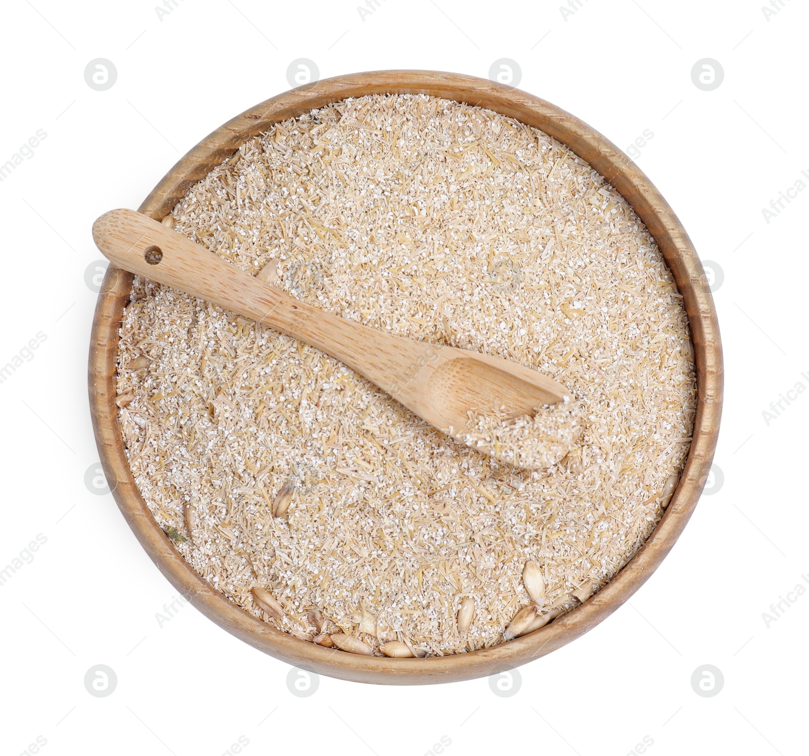 Photo of Oat bran in bowl and spoon isolated on white, top view