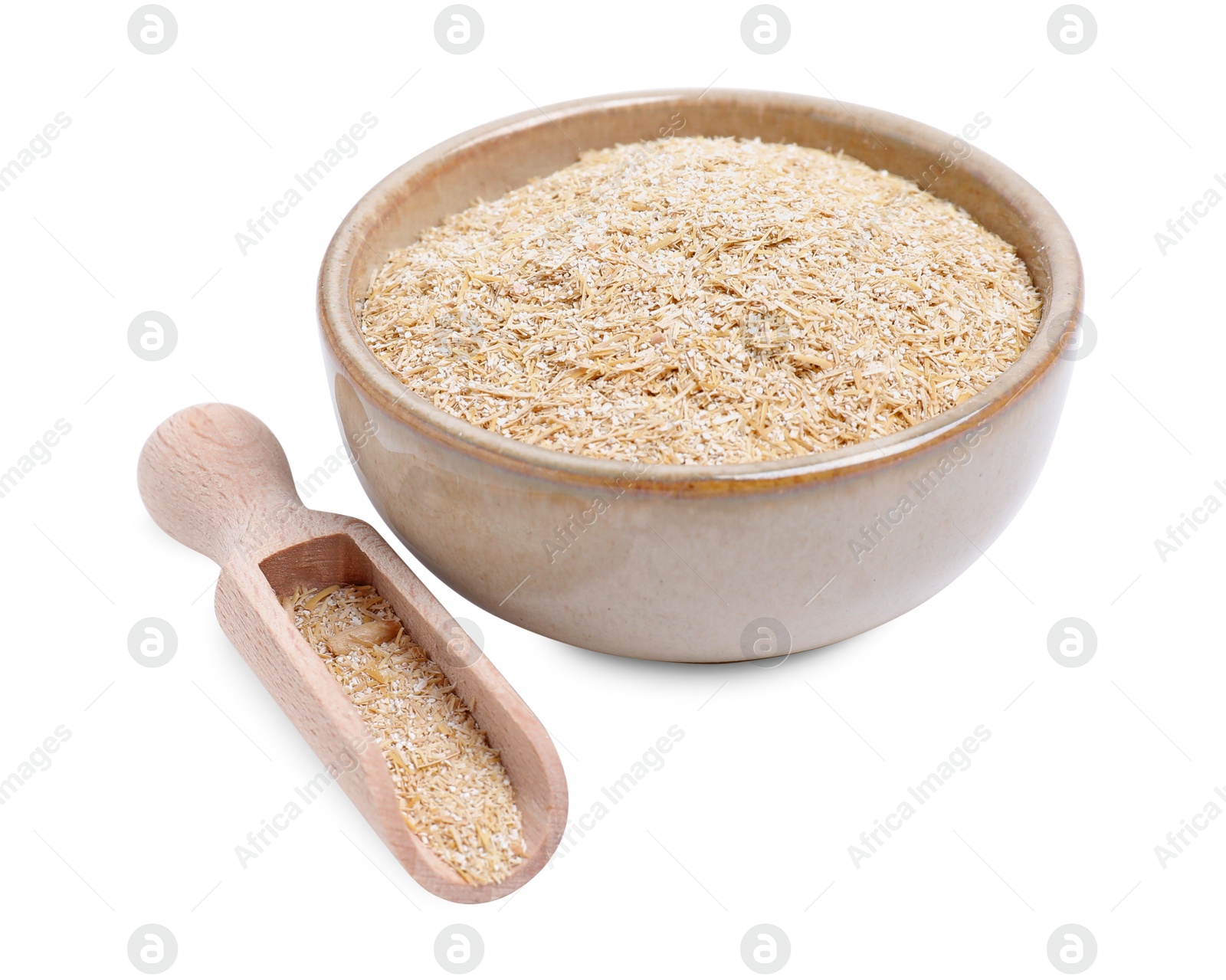 Photo of Oat bran in bowl and scoop isolated on white