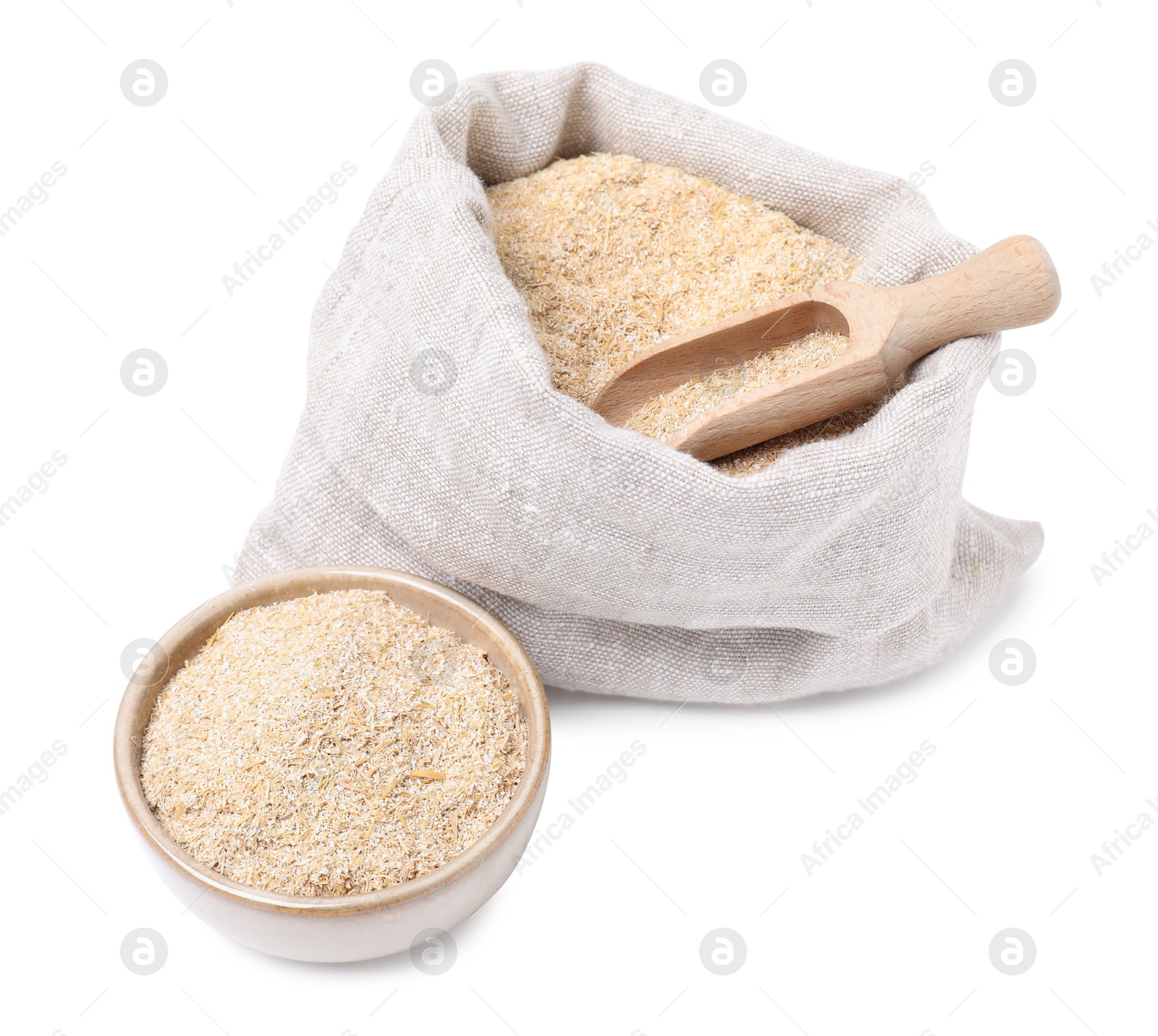 Photo of Oat bran in sack, bowl and scoop isolated on white