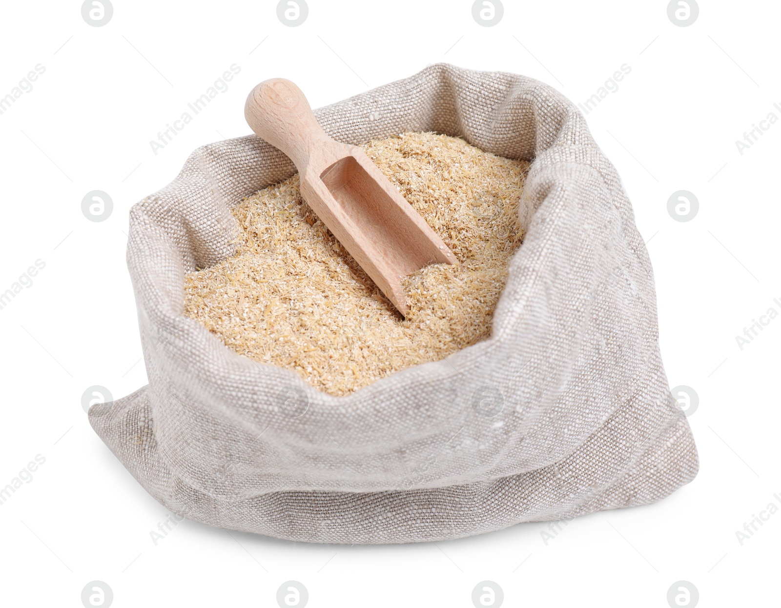 Photo of Oat bran in sack and scoop isolated on white