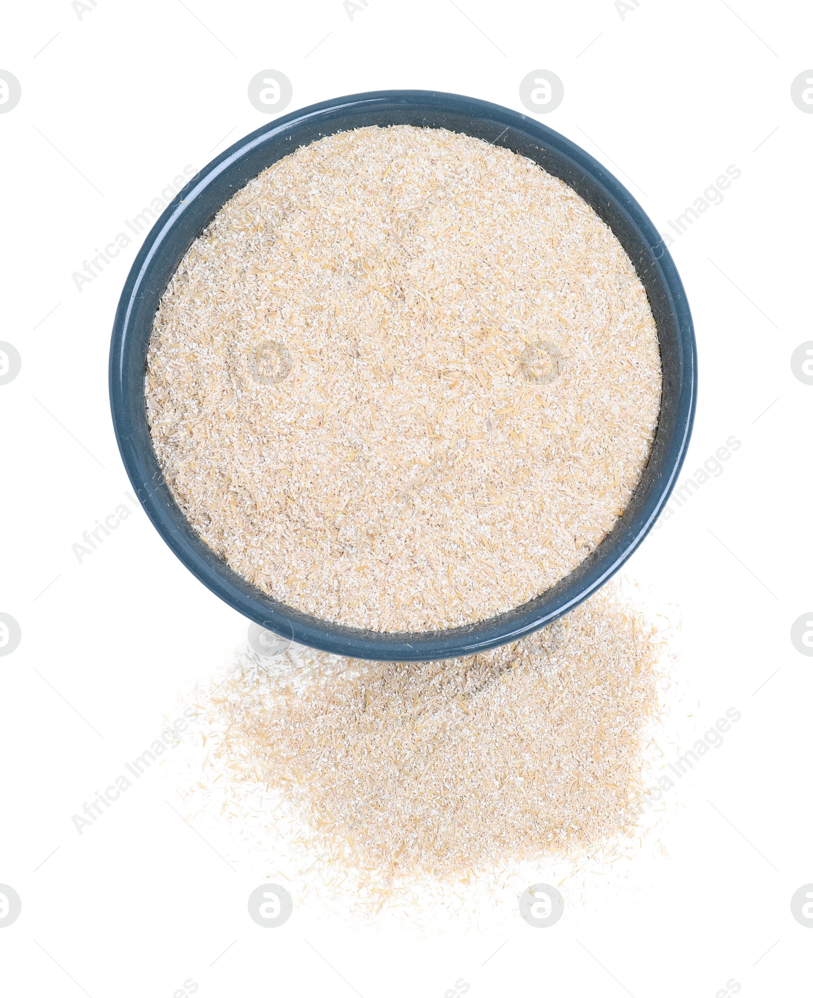 Photo of Oat bran in bowl isolated on white, top view